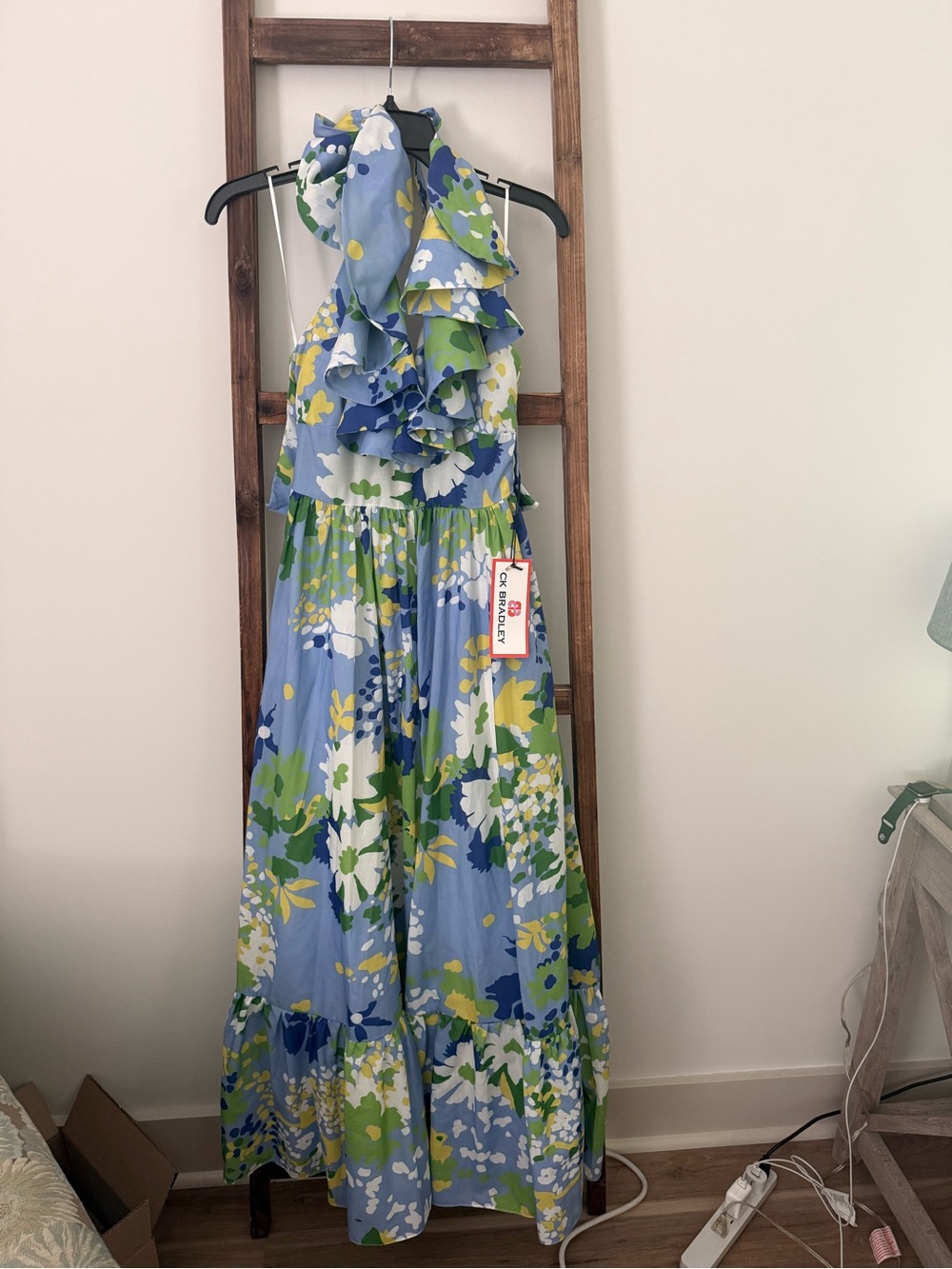 CK BRADLEY Floral Ruffle Halter Maxi Dress in Blue and Green